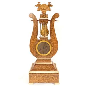 Lyre Clock Charles X Marquetry Rosewood Bronze Napoleon III 19th Century