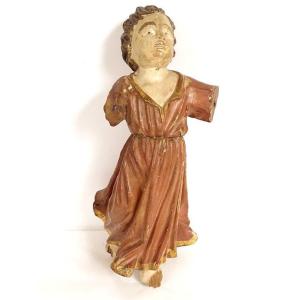 Polychrome Carved Wood Statuette Cherub Angel End Of 18th Century