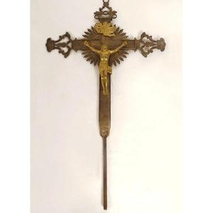 Processional Cross Crucifix Christ Virgin Gilded Bronze Silvered 19th Century