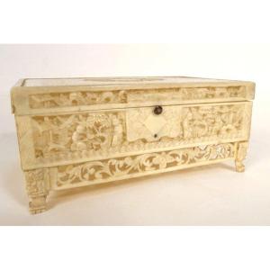 Box Small Carved Bone Box Canton Characters Landscapes China 19th Century