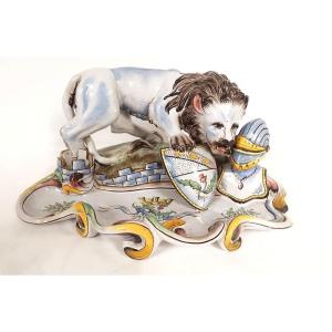 Saint-clément Emile Gallé Earthenware Inkwell Heraldic Lion Coat Of Arms Nancy 19th Century