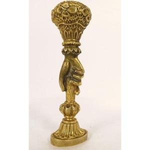 Seal Stamp Gilded Bronze Hand Ring Flowers Delbrouck End Of 19th Century