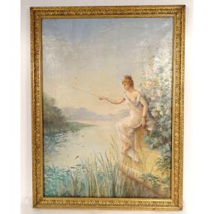 Large Hst Painting Young Woman Fishing River Landscape Flowers Art Nouveau 19th