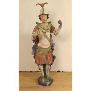 Large Religious Statue Saint Florian Soldier Polychrome Carved Wood 17th Century