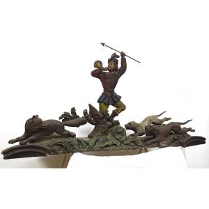 Large Wood Sculpture Saint-hubert P. Guibé Dogs Hunting Altarpiece 190cm 19th