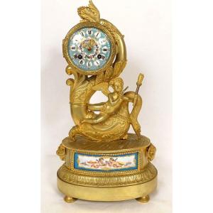 Restoration Clock Gilt Bronze Sèvres Porcelain Love Swan Dolphin 19th Century