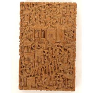 Sandalwood Card Case Carved Characters Palace Canton China 19th Century