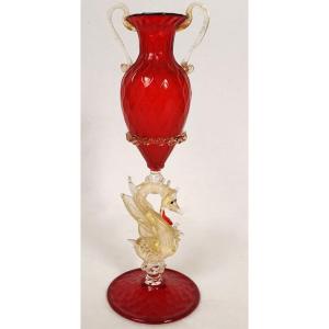 Amphora Vase Blown Glass Red Venice Murano Italy Dragon Gilding 20th Century