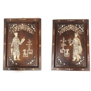 Pair Of Decorative Panels In Mother-of-pearl Wood, Vietnam, Indochina, 19th Century
