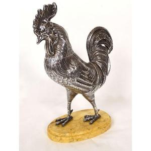 Solid Silver Sculpture Walking Rooster Siena Marble Base 19th Century