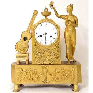 Empire Clock Gilt Bronze Vestal Woman Butterfly Guitar Leroy 19th Century