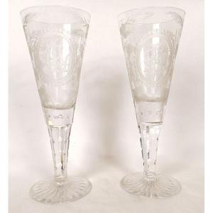 Pair Of Large Crystal Wedding Stemware Glasses Engraved With Vine Monogram, 19th Century