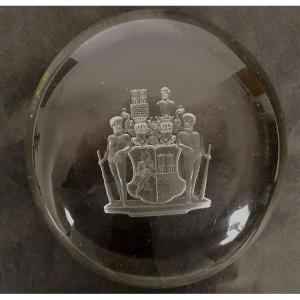 Engraved Crystal Paperweight Coat Of Arms Welczeck Family Crest Silesia 19th Century