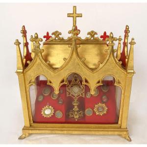 Reliquary Shrine Gilded Wood Gothic Chapel Saints Vincent Fleur Lys 19th Century