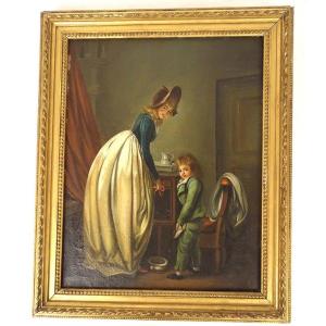 Hst Painting Scene Genre After Chardin Pot Bedroom Child Boy Mother 19th Century