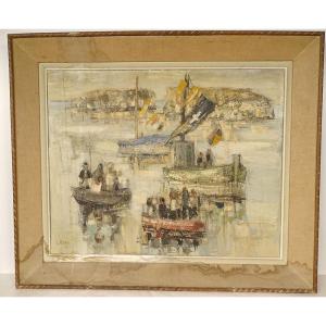 Hst Painting Louis Rosan Pardon Sailor Procession Sea Brittany Lorient 20th Century