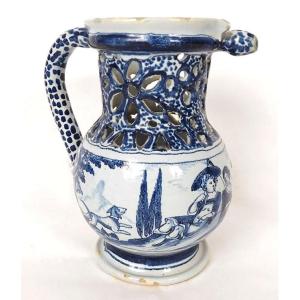 Deceptive Pitcher Nevers Earthenware Blue Camaïeu Galante Shepherdess Scene 18th Century