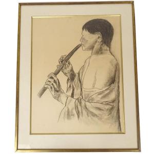 Large Charcoal Drawing Of A Flute Player From The 20th Century