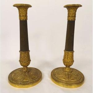 Pair Of Restoration Candlesticks Bronze Flambeaux Horns Abundance Flowers 19th Century