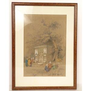 Orientalist Drawing Amedeo Preziosi Ottoman Characters Fountain 19th Century