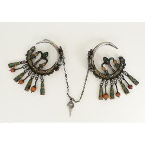 Pair Of Solid Silver Brooches With Coral Enamel, Berber Morocco, Jean Besancenot