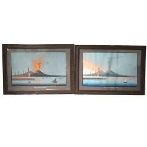 Pair Of Neapolitan Gouaches Eruption Of Vesuvius Italy Boats May 27, 1858 19th Century