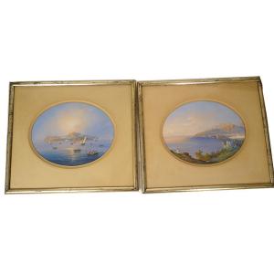 Pair Of Neapolitan Gouaches, Landscapes, Bay Of Naples, Vesuvius, Fishermen, Italy, 19th Century