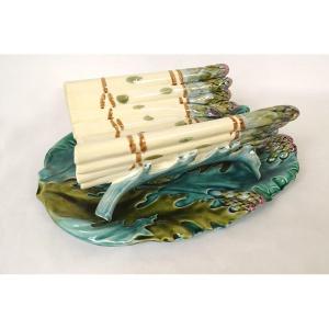 Asparagus Dish, Artichoke Drainer, Barbotine, Lunéville, Early 20th Century