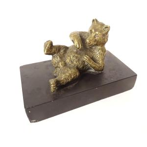Gilded Bronze Paperweight Sculpture Of A Reclining Bear In Black Marble, 19th Century