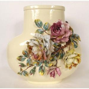Large Slip Vase Bouquet Of Colorful Pink Flowers Saint Denis 19th Century