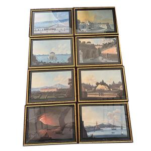 Series 8 Neapolitan Gouaches Landscapes Eruption Vesuvius Fusaro Naples 19th Century