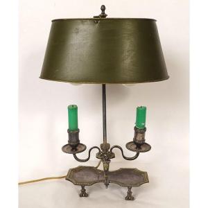 Bouillotte Lamp, 2 Bronze Lights, Sheet Metal Lampshade, Caryatid Bust, Torches, 19th Century