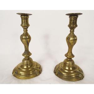 Pair Of Louis XV Bronze Candlesticks, Torches, Flowers, Garlands, 18th Century