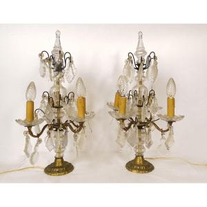 Pair Of 4-light Gilt Bronze Chandeliers With Cut Crystal And Tassels, Late 19th Century