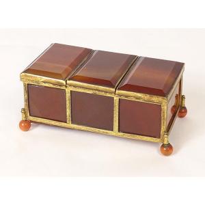 Small Three-compartment Box, Agate, Gilded Brass, 19th Century Restoration
