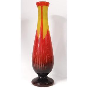 Large Glass Paste Vase Le Verre Français Schneider Art Deco Leaves 20th Century
