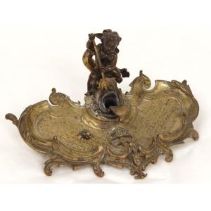 Louis XV Gilt Bronze Inkwell With Mythological Dolphin Cherub Napoleon III 19th Century