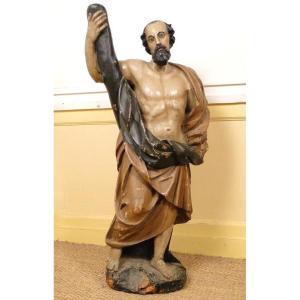 Polychrome Wooden Statue Sculpture Of Saint Andrew, Cross, 17th Century