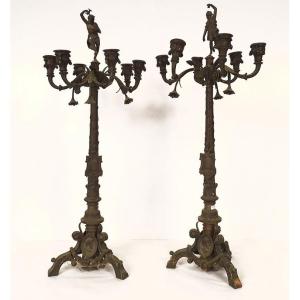 Pair Of Large 6-light Bronze Candelabras Bacchus Ariane Napoleon III 19th Century