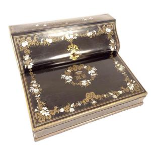 Writing Desk In Blackened Wood With Gilded Brass Marquetry Tahan Paris Napoleon III 19th Century