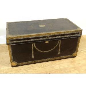Officer's Captain's Trunk, Camphor Wood Leather Chest, Gilded Brass Monogram, 19th Century