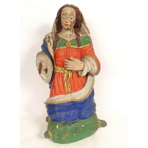 Polychrome Carved Wooden Statue Of Saint Mary Magdalene Kneeling, 18th Century