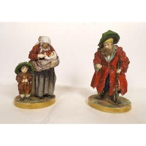2 German Porcelain Sculptures Eckert & Cie Beggar Woman Children 19th Century