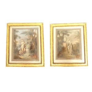 Pair Of Antique Women Gouaches Allegory Flowers Landscape Fecit Caroline XIXth