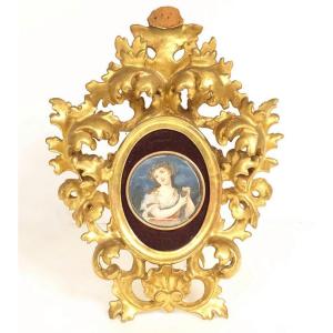 Painted Miniature Portrait Of A Young Woman With Grapes, Italian Frame, Gilded Wood, 19th Century