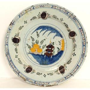 Polychrome Delft Earthenware Dish With Orange Pagoda Decoration, Netherlands, 18th Century