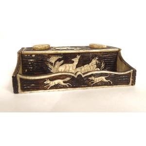 Small Miniature Inkwell Carved Bone Doe Deer Dog Fox Brussels 19th Century