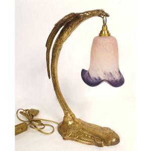 Gilded Bronze Lamp Eagle Charles Ranc Tulip Glass Paste Art Deco 20th Century