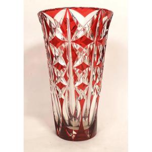 Saint-louis Deauville Red Cut Crystal Vase With Crosspieces, 20th Century