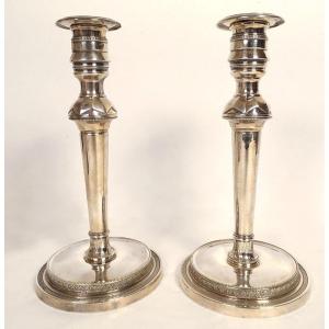 Pair Of Seditious Candlesticks With Silver-plated Bronze Marie-antoinette Profile, Late 18th Century